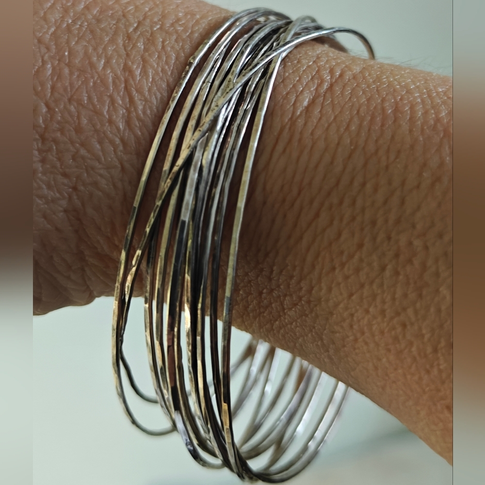 Vintage Stack Of 12 Sterling Silver Skinny Hammered Bangle Bracelets